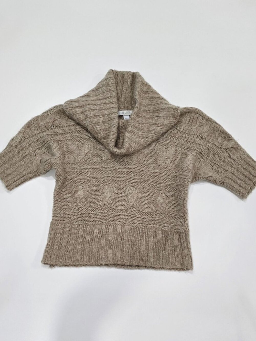 Delias ✦ Cable Knit Short‑Sleeve Sweater ✦ Tan Cowl‑Neck Soft Acrylic Textured S - Picture 6 of 8